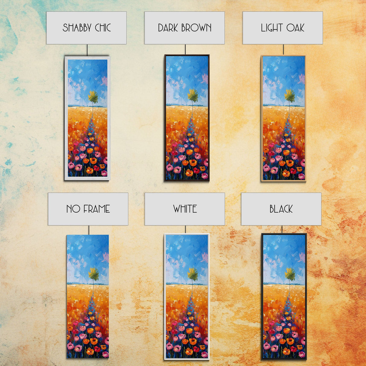 Colorful Wildflowers in a Field with a Lone Tree Under a Bright Blue Sky on a Framed Canvas Print Tall Art Piece