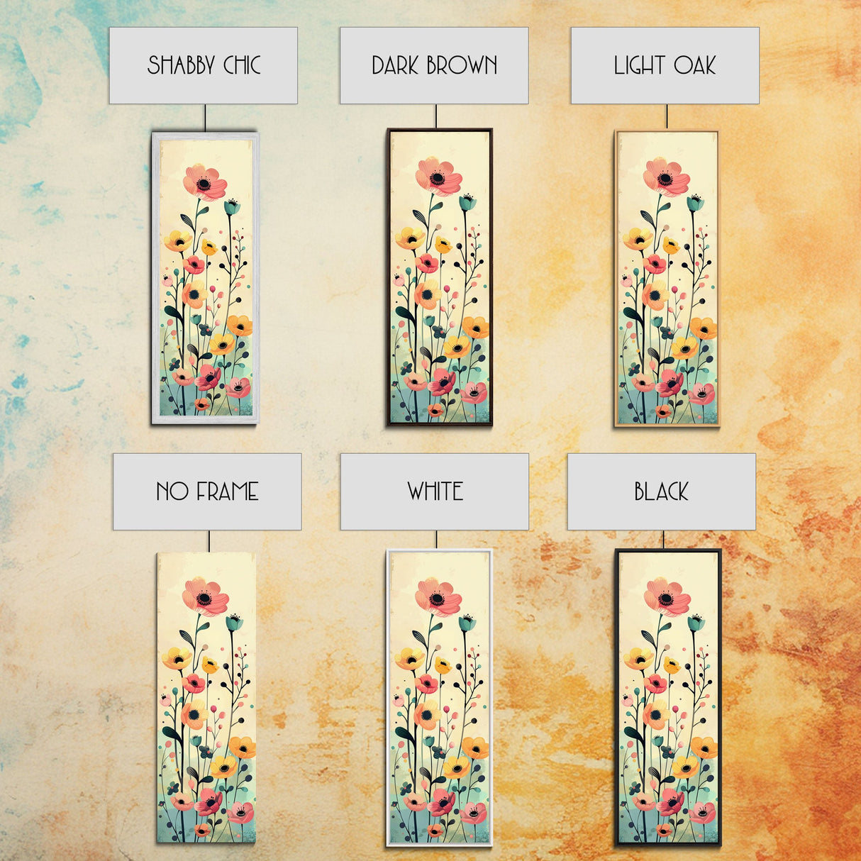 Bright Field of Wildflowers Skinny Art Tall Art Japanese Ukiyo-e Inspired Floral Print Framed Canvas Wall Art