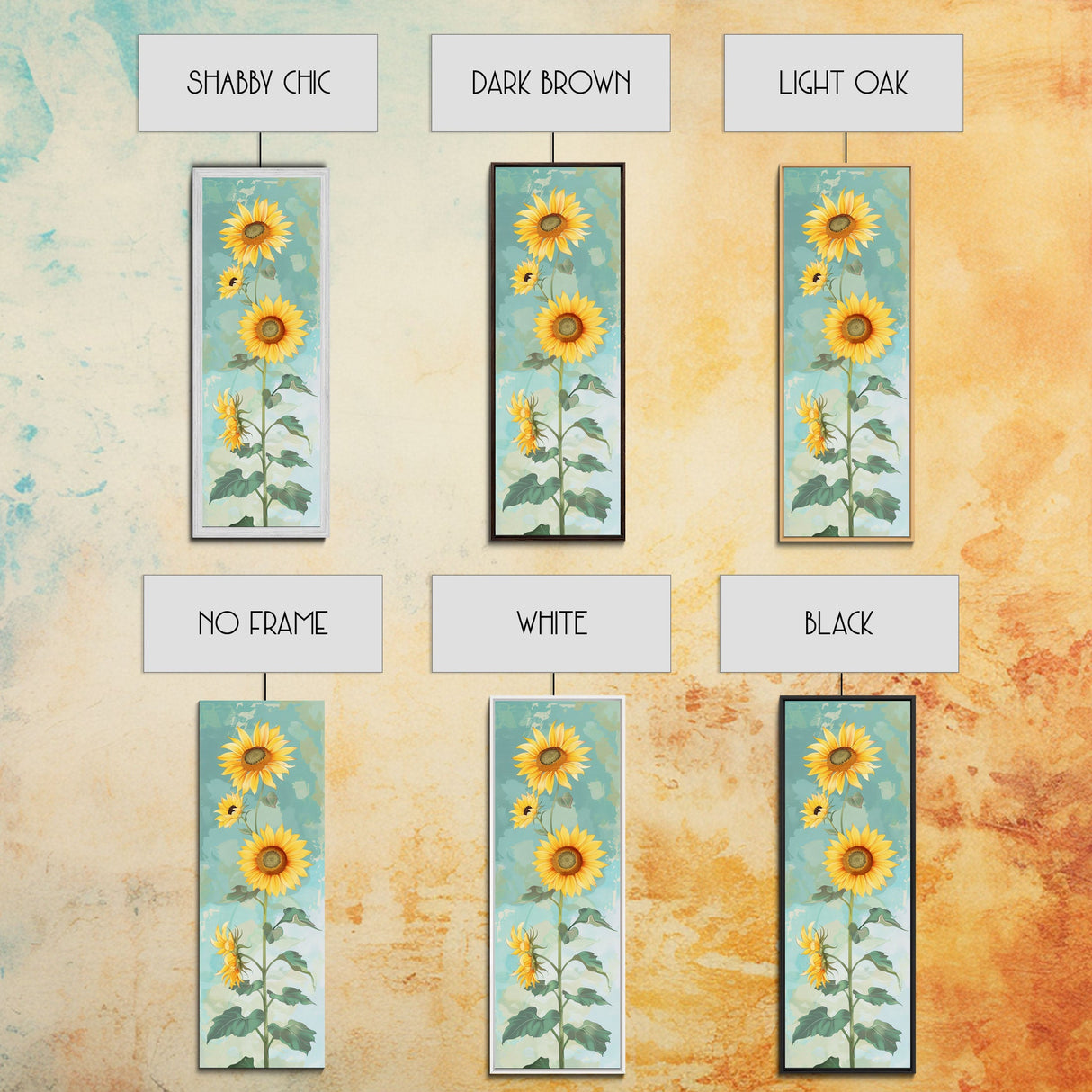 Japanese Skinny Art of Sunflowers with Golden Petals and Verdant Stems on a Pastel Blue Background – Framed Canvas Print