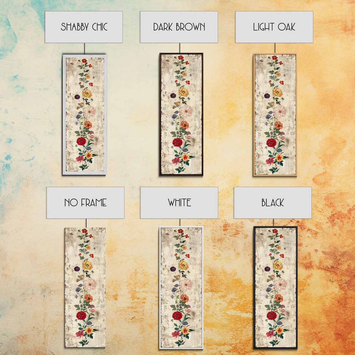 Skinny Art Tall Art Framed Canvas Print Vintage Style Floral Art With Mixed Blossoms On A Rustic Background Ukiyo-e Japanese Style Art