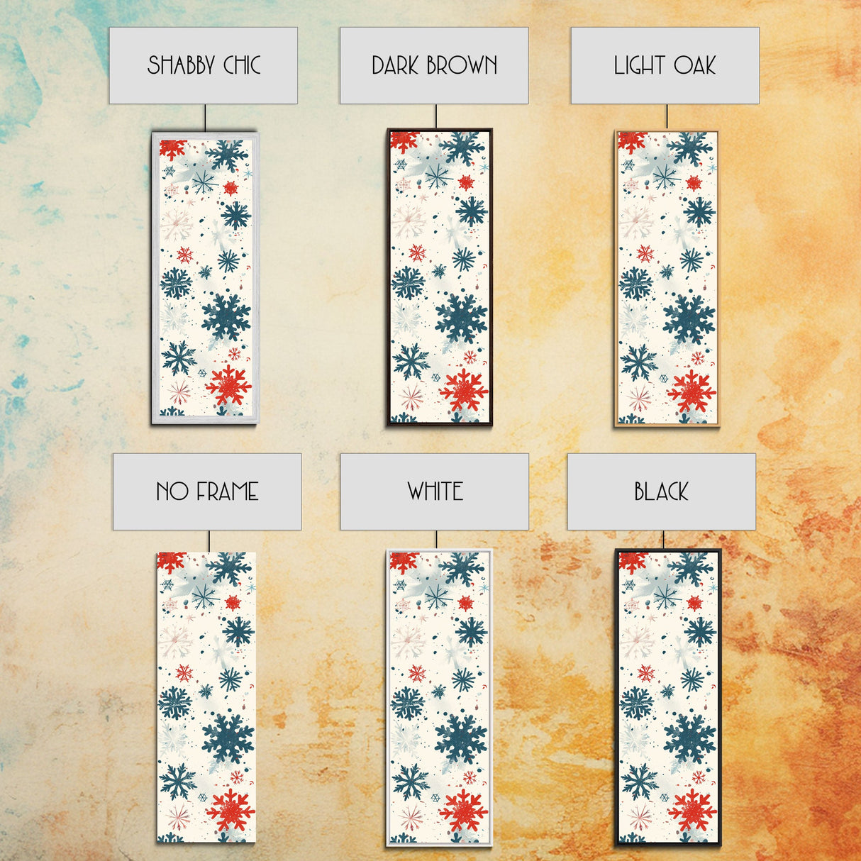 Festive Snowflakes In Red, Blue, And White On A Cream Background, Skinny Art Tall Wall Art Framed Canvas Print Japanese Style Art