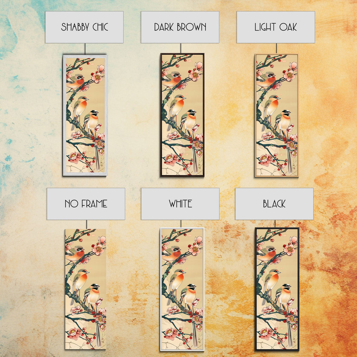 Tall Skinny Art Japanese Style Wood Block Print Vibrant Birds On Flowering Branches In Ukiyo-e Style For Framed Canvas Print