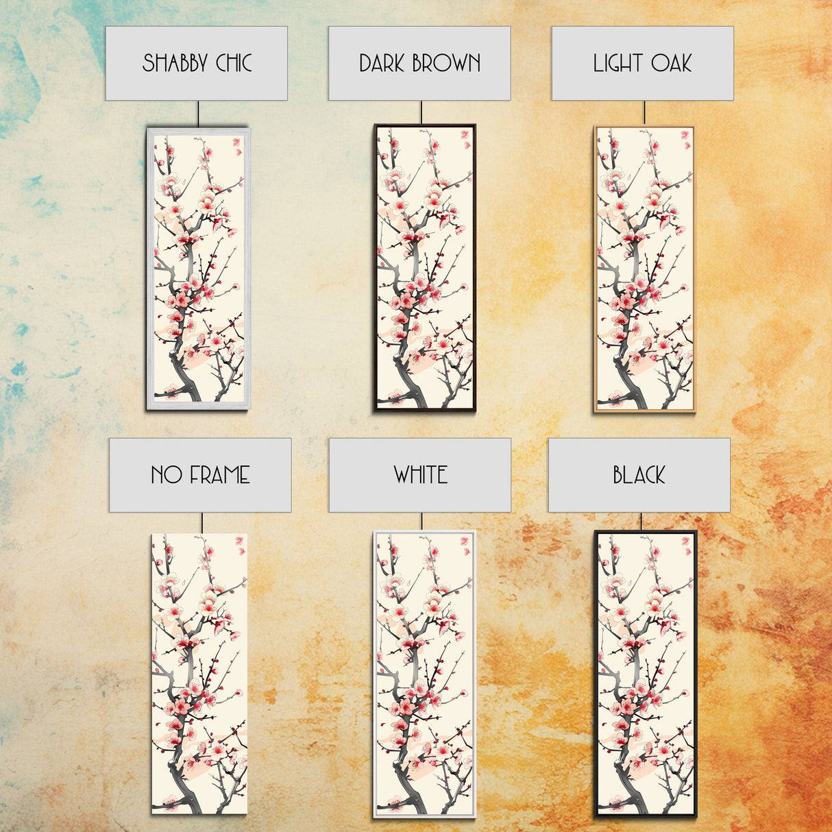 Delicate Plum Blossoms Skinny Art Tall Art Japanese Ukiyo-e Inspired Botanical Framed Canvas Print for Sophisticated Interiors