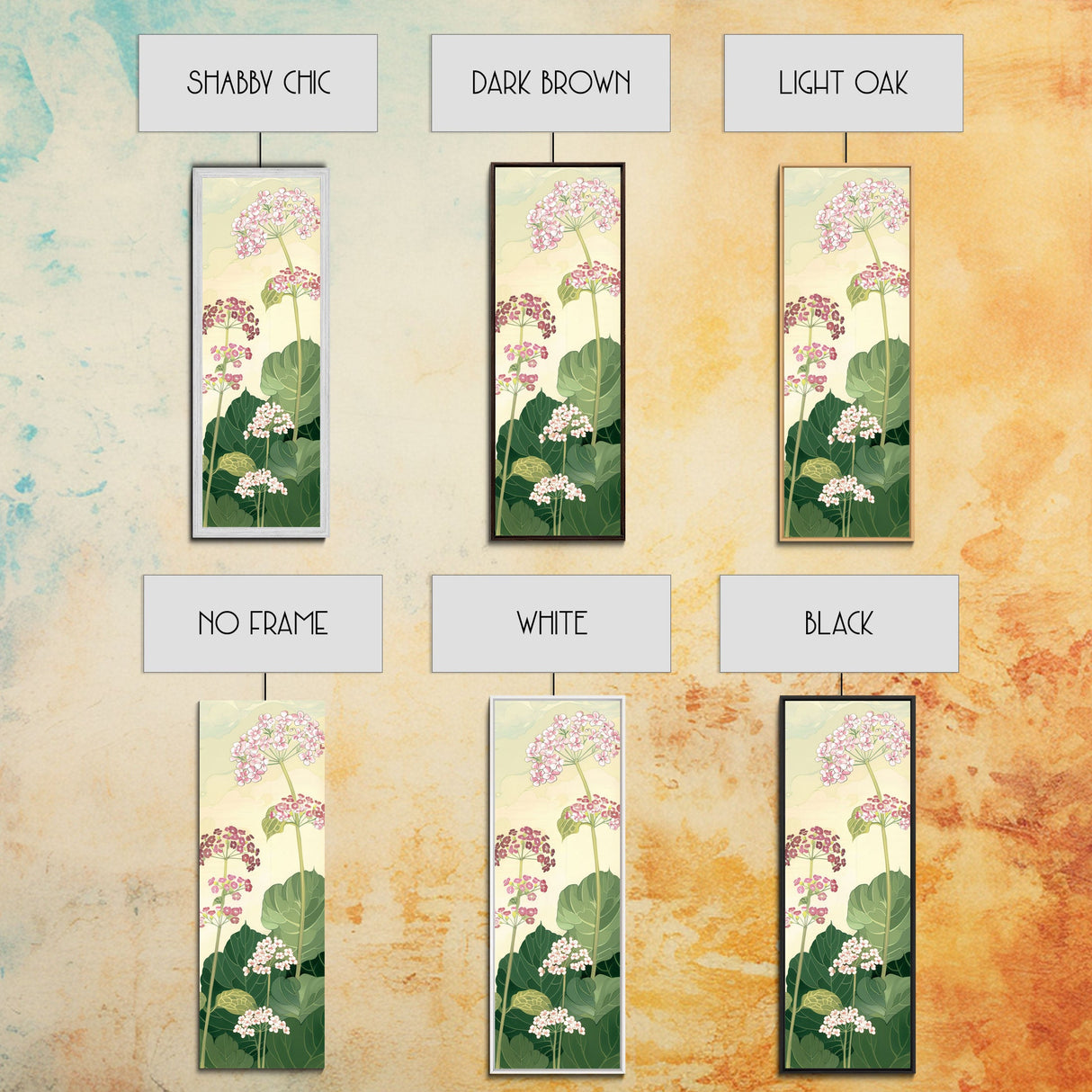 Towering Flower Stalks with Soft Green Leaves against a Pale Background - Skinny Art, Japanese Wall Decor, Framed Canvas Print, Ukiyo-e Style