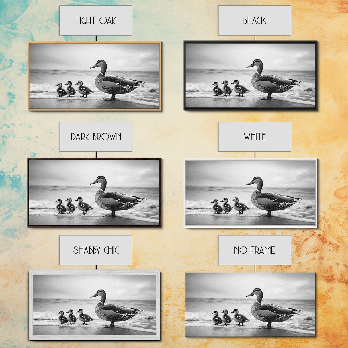 Duck family, bird art, whimsical art, coastal decor, nature painting, extra wide art, panoramic art, above couch art, framed canvas print