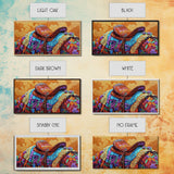 Western Saddle, cowboy art, rustic western decor, saddle painting, framed canvas print, boho art, extra wide art, gift idea him