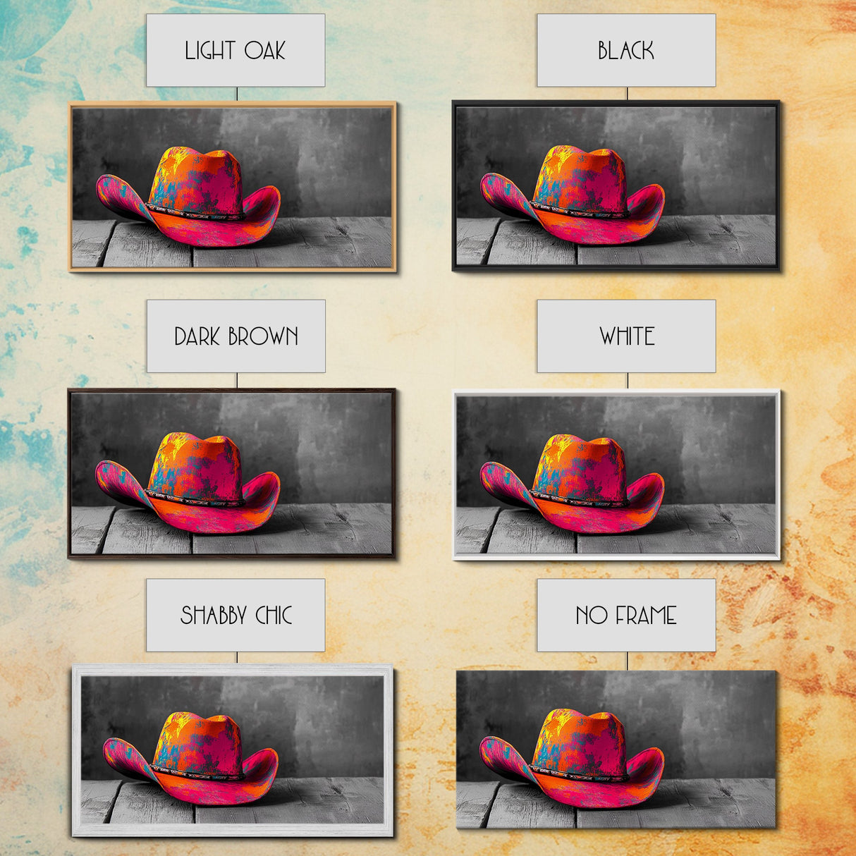 Vibrant Cowboy Hat Framed Canvas Print | Western Wall Art | Chicano Art | Moody Art | Southwest Decor | Rustic Art | Extra Wide Art