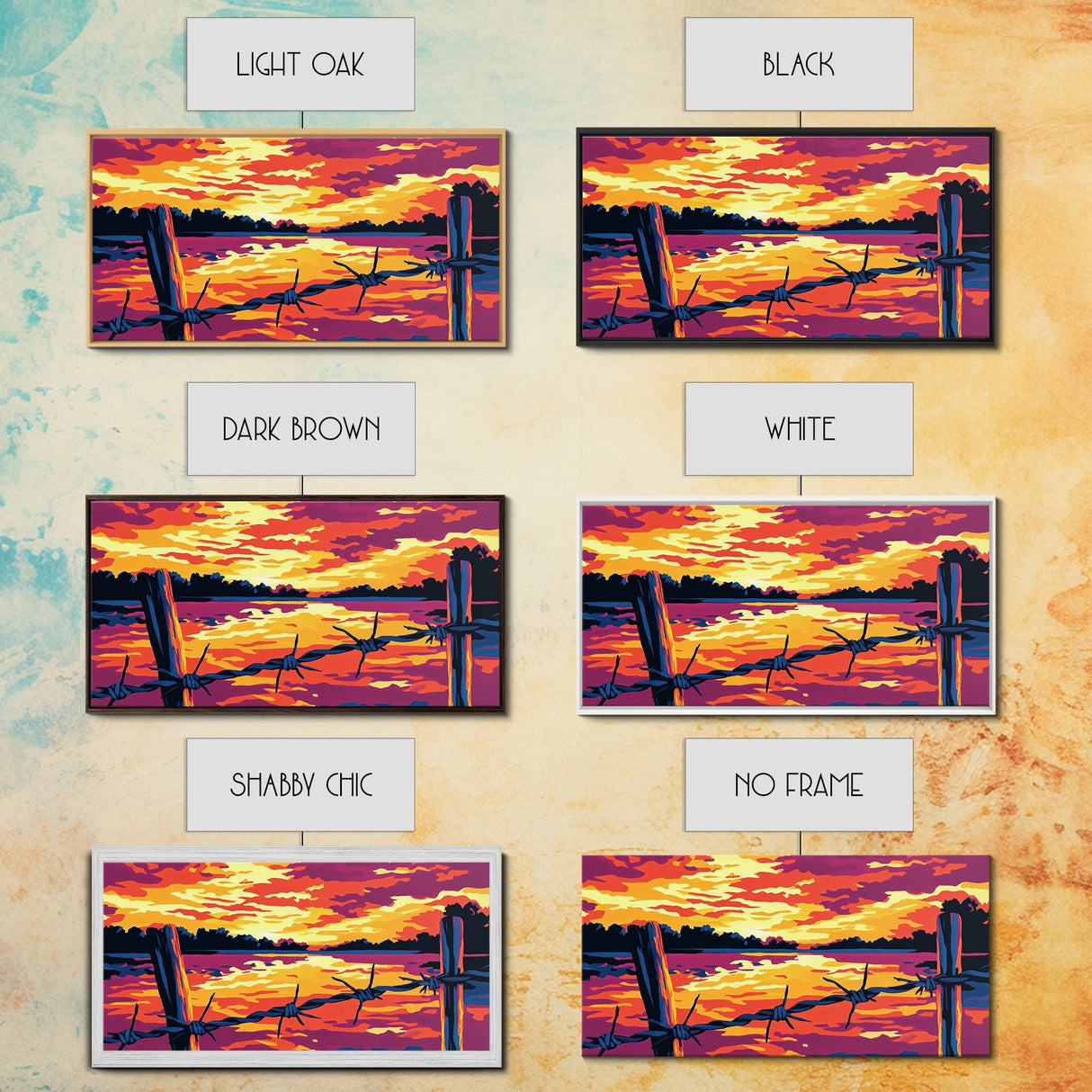 Barbed wire, rustic fence, cowboy art, sunset glow, farmhouse wall art, panoramic painting, western landscape, framed canvas print