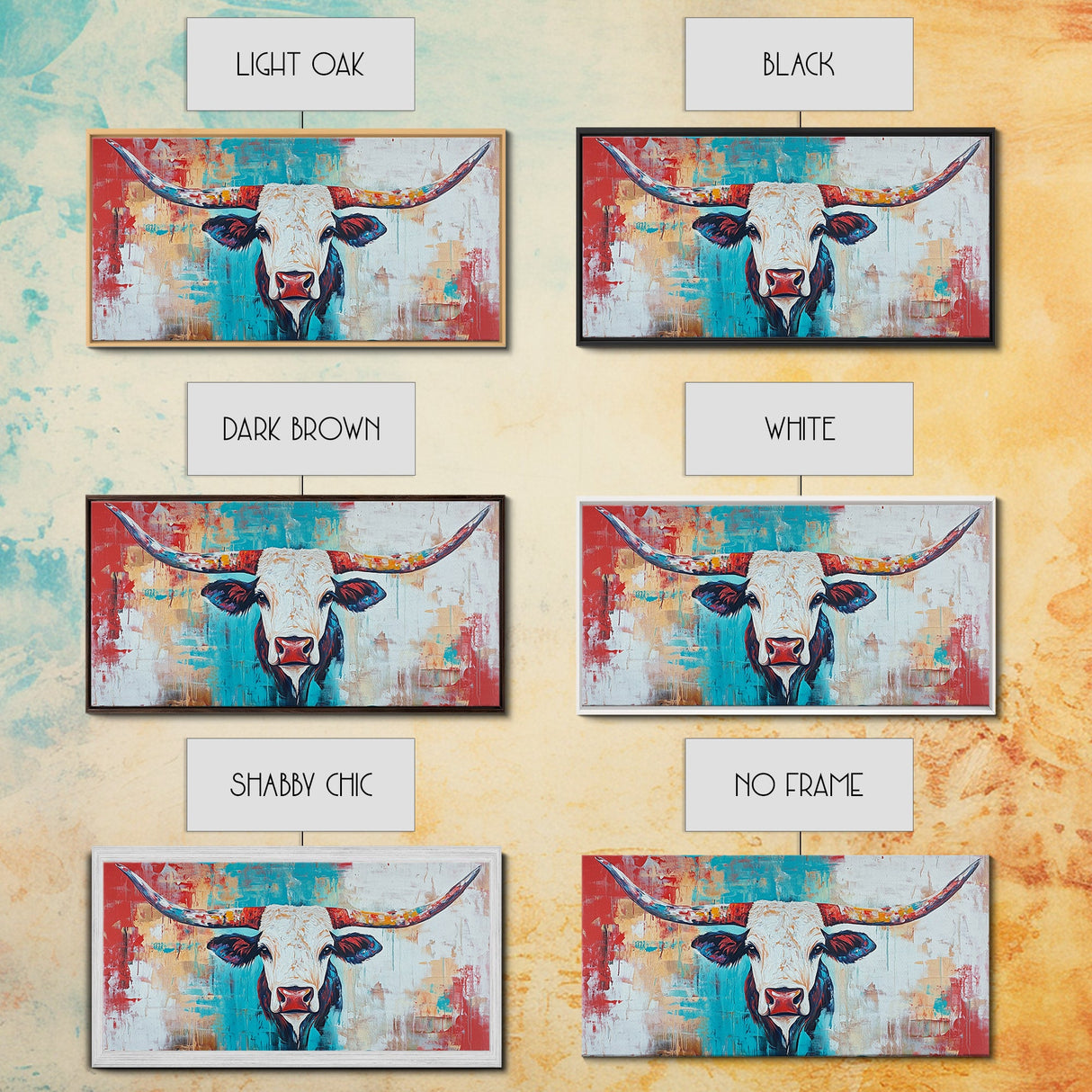 Colorful Longhorn Art, rustic wall art, farmhouse art, southwest wall art, bold animal painting, extra wide art, canvas print, wabi sabi art