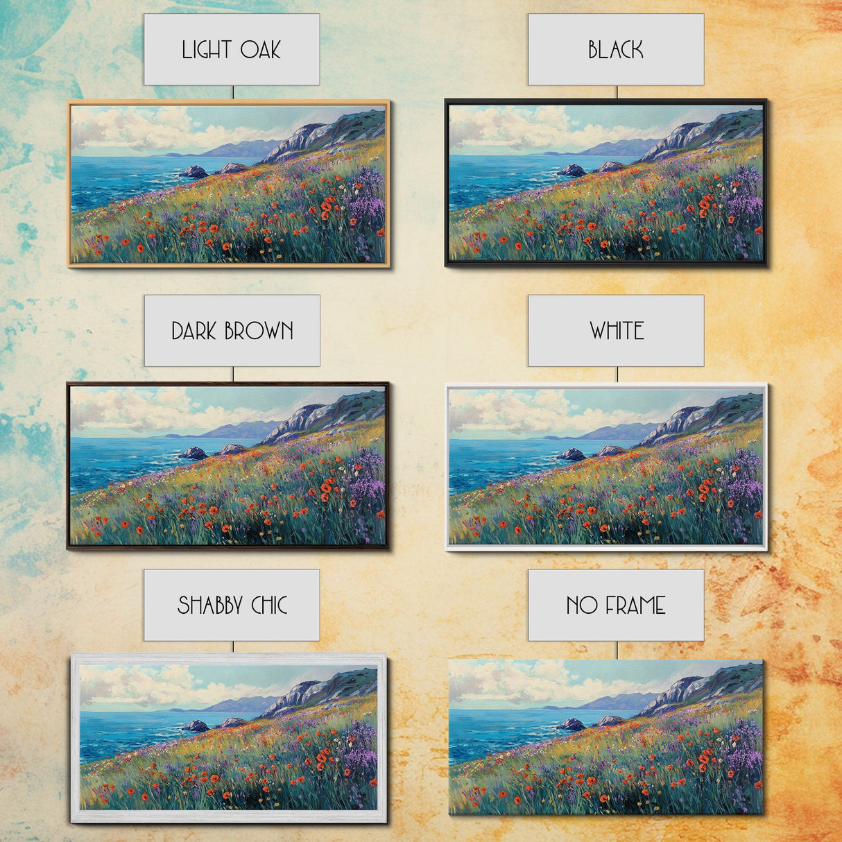 Coastal Wildflower Art, Framed Canvas Print, Poppy Wall Art, Coastal Landscape Art, Seascape Painting, Extra Wide Art, Above Couch Art