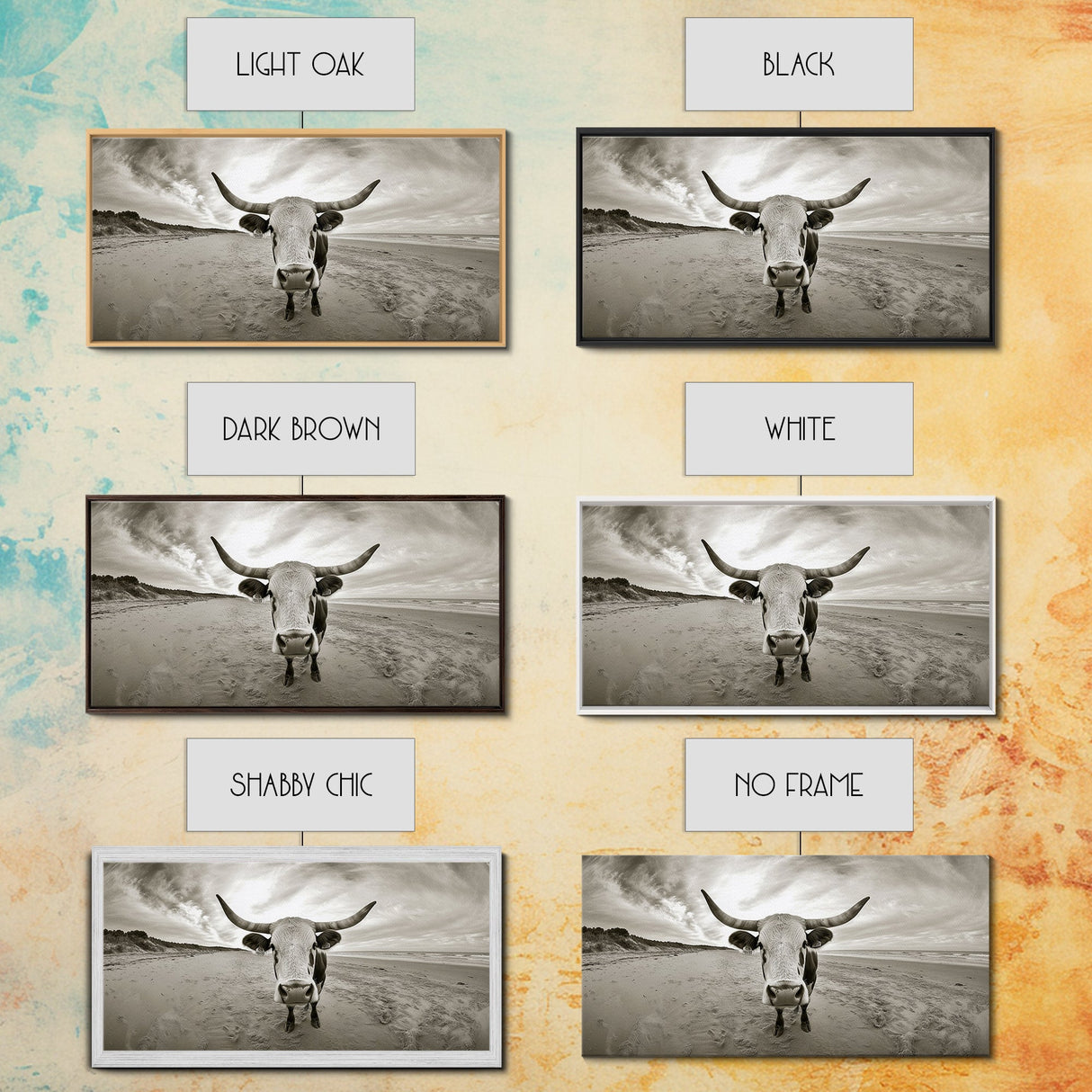 Longhorn, beach, western decor, rustic art, farmhouse art, extra wide art, above sofa art, panoramic painting, framed canvas print
