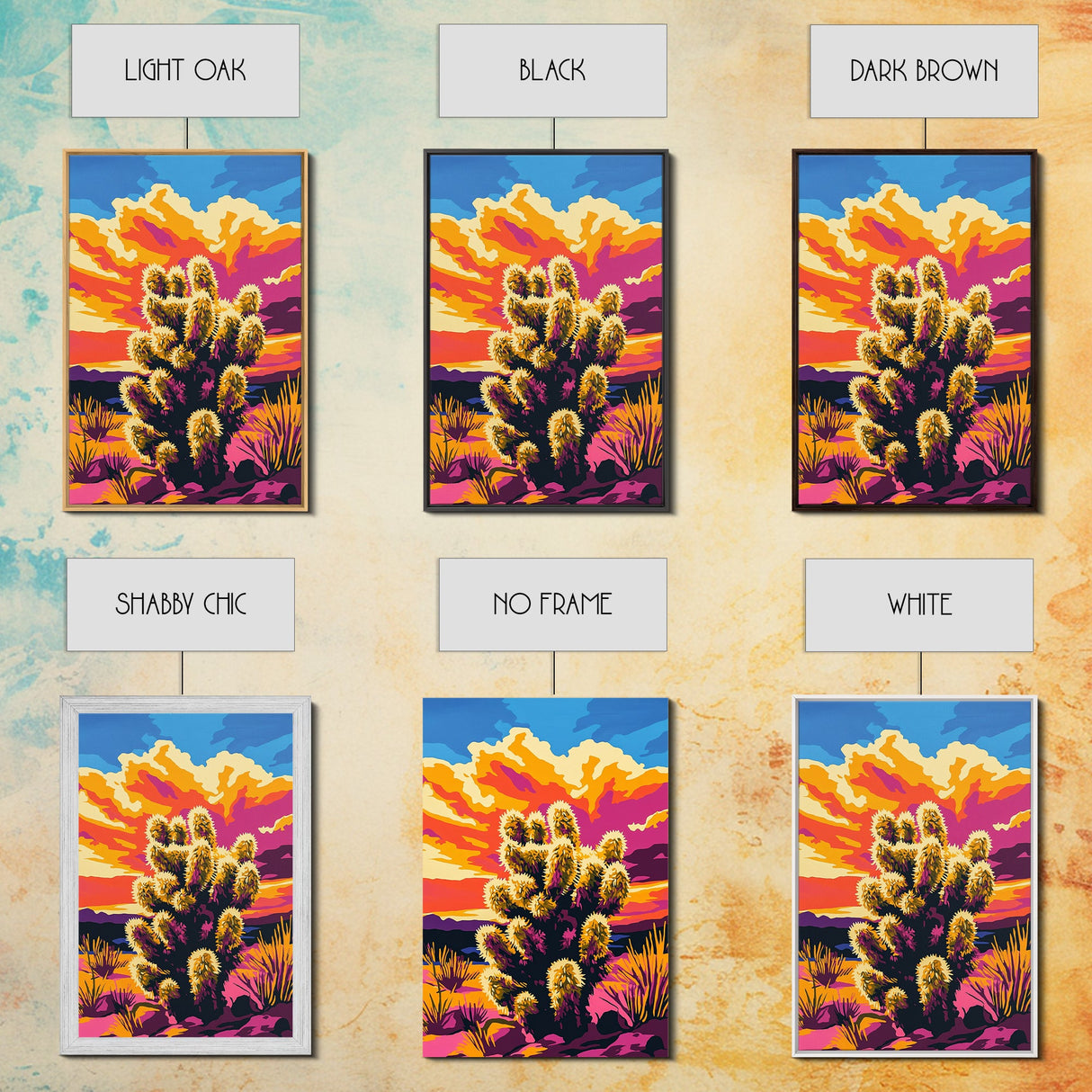 Sunset Cactus, Joshua tree art, pink orange wall art, southwest wall art, gift idea for him, extra wide art, bold colors, Framed Canvas Print