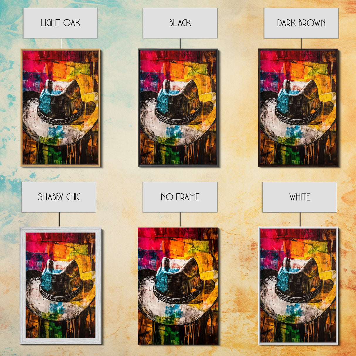Western Cowboy Hat, rustic decor, graffiti wall art, vibrant color art, framed canvas print, southwest wall art, moody art