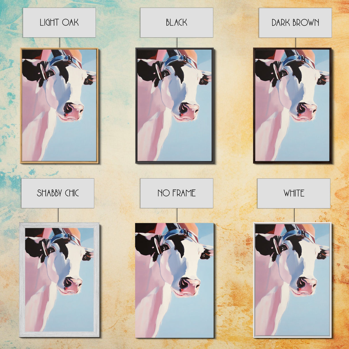 Cow with Hat, farmhouse art, black cowgirl painting, rustic decor, framed canvas print, whimsical art, light pink wall art