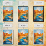 Desert Oasis, vivid landscape, blue water, rustic nature art, warm tones, panoramic painting, framed canvas print, southwest wall art
