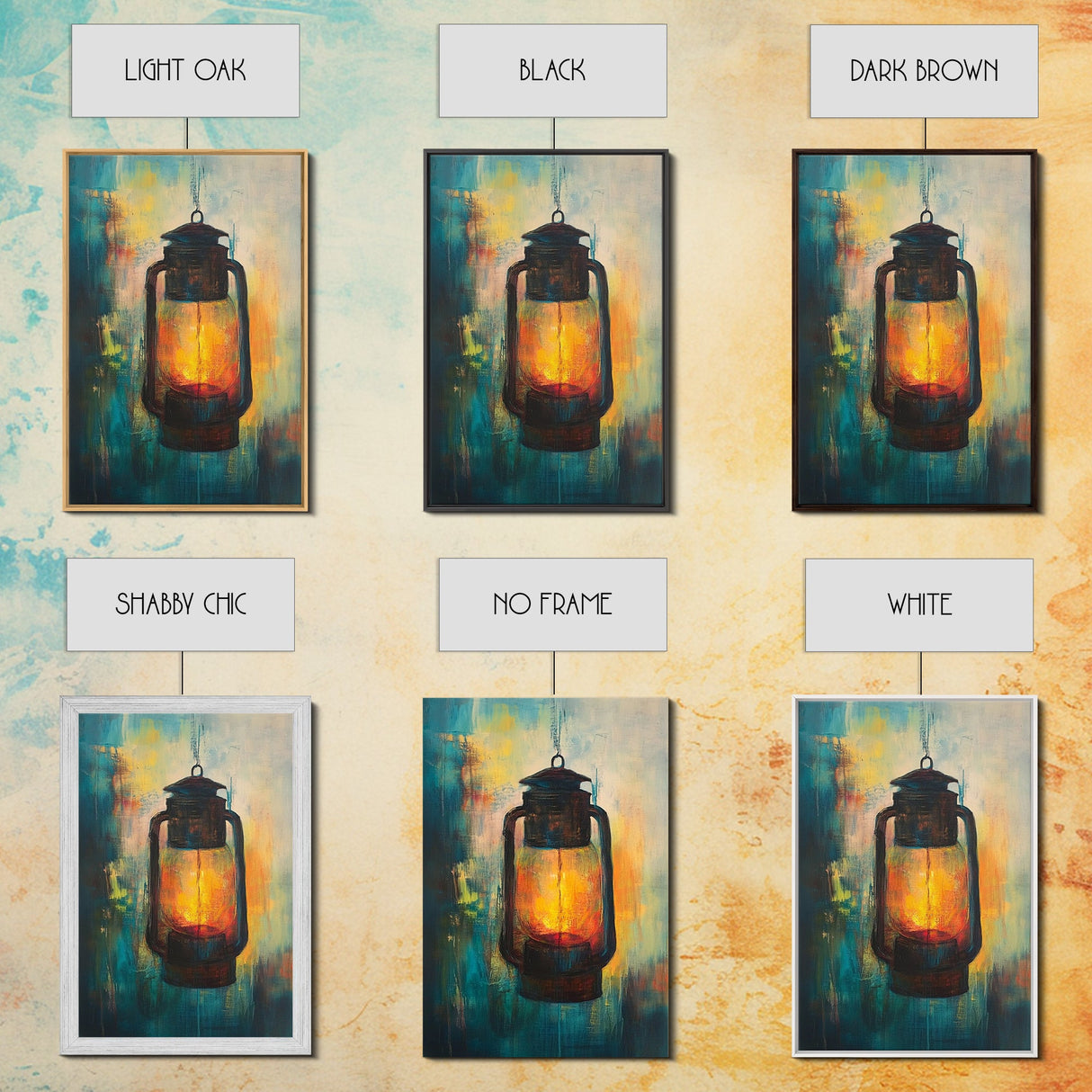 Lantern Glow, moody art, rustic decor, farmhouse art, warm light painting, southwest wall art, wabi sabi art, Framed Canvas Print