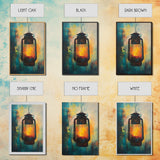 Lantern Glow, moody art, rustic decor, farmhouse art, warm light painting, southwest wall art, wabi sabi art, Framed Canvas Print