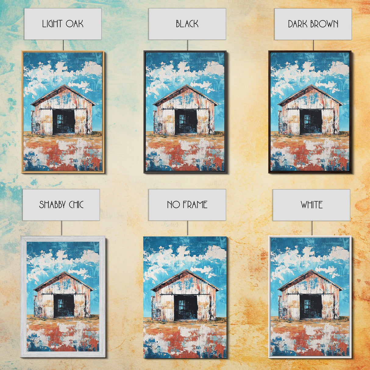 Rustic Barn, farmhouse art, landscape painting, blue and green wall art, extra wide art, panoramic art, Framed Canvas Print