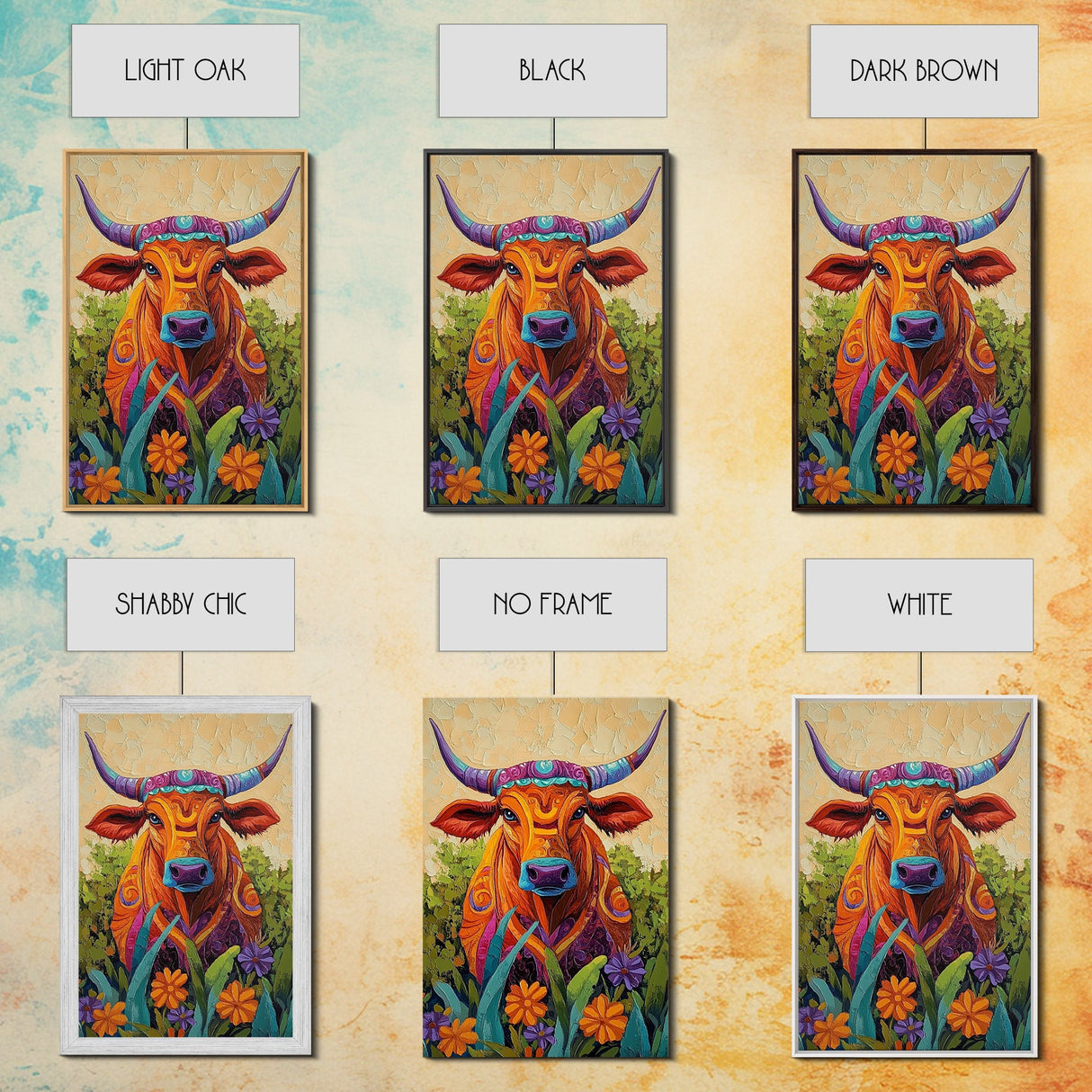 Colorful Bull Art, boho art, wabi sabi art, whimsical art, wildflower painting, framed canvas print, gift idea, rustic wall art