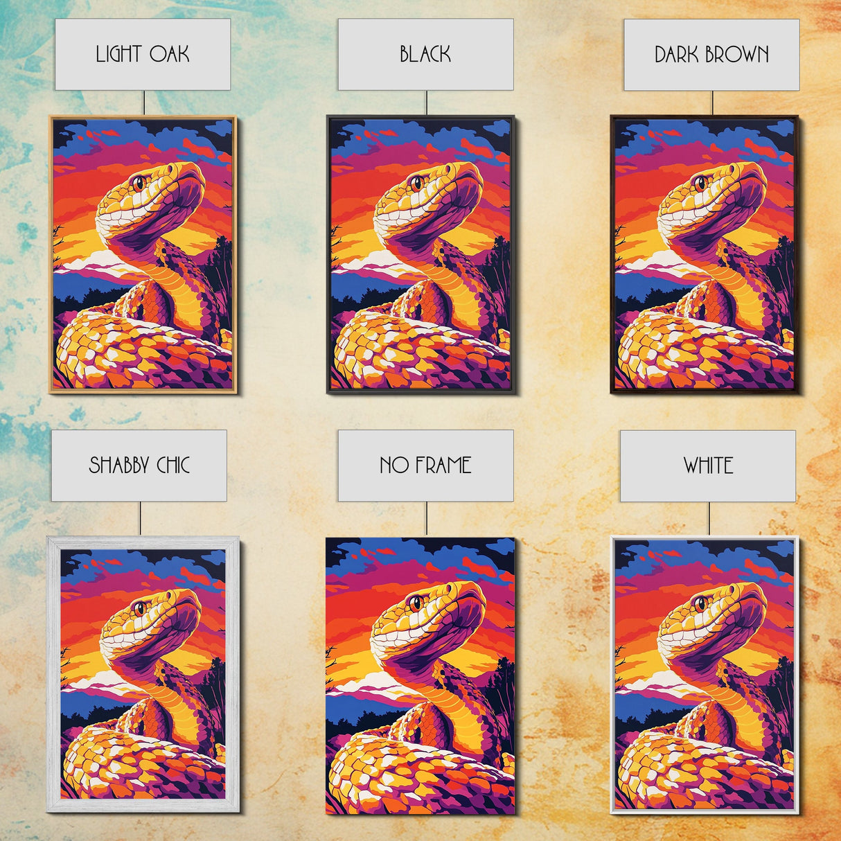 Rattlesnake Sunset, Bold Snake Art, Vibrant Southwest Decor, Wildlife Art, Nature Painting, Canvas Print, Living Room Art
