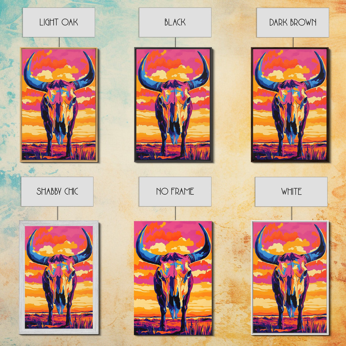 Bull Skull Art, Teal Wall Art, Rustic Wall Art, Framed Canvas Print, Moody Art, Boho Aesthetic, Extra Wide Art, Southwest Decor, Gift Idea