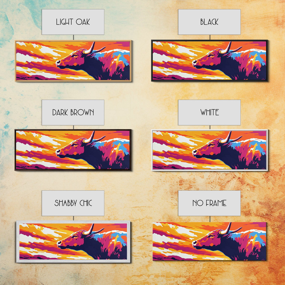Sunset Bull, bull art, southwest wall art, pink orange wall art, extra wide art, rustic decor, Canvas Print
