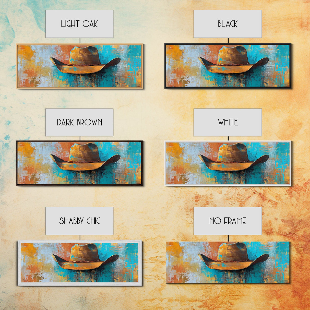 Western Hat Painting, Abstract Cowboy Art, Framed Canvas Print, Extra Wide Art, Rustic Decor, Blue and Green Wall Art, Wabi Sabi Art