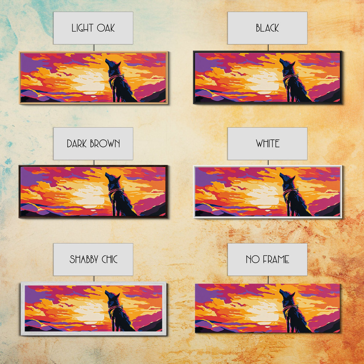 Colorful Wolf Art, sunset animal painting, moody art, pink orange wall art, extra wide art, framed canvas print, panoramic painting