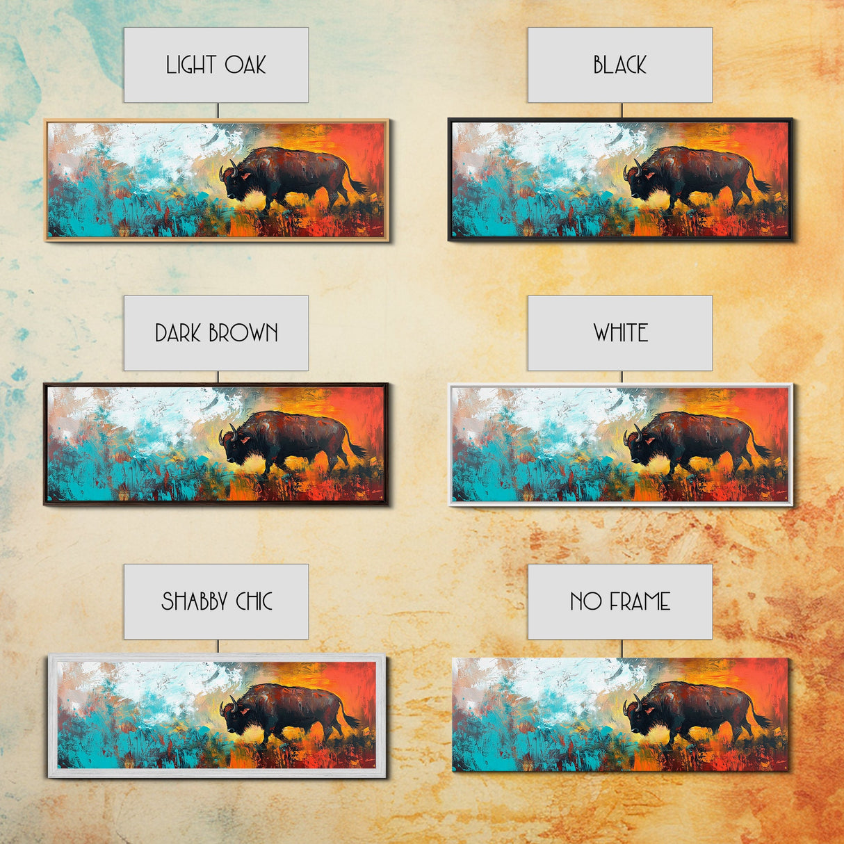 Abstract bison, rustic decor, teal wall art, western painting, bold color art, boho art, extra wide art, framed canvas print