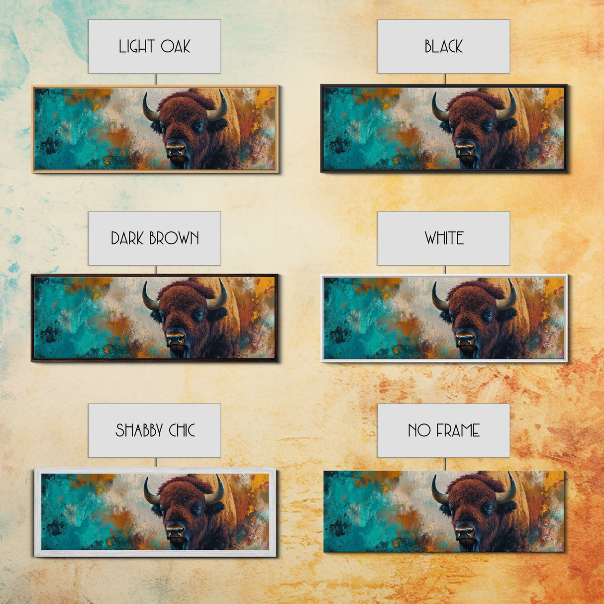 Bold bison painting, teal and orange art, rustic wall art, farmhouse decor, boho art, extra wide western painting, canvas print
