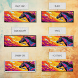 Horse silhouette, sunset, pink orange wall art, colorful equestrian, western art, extra wide art, framed canvas print, panoramic painting