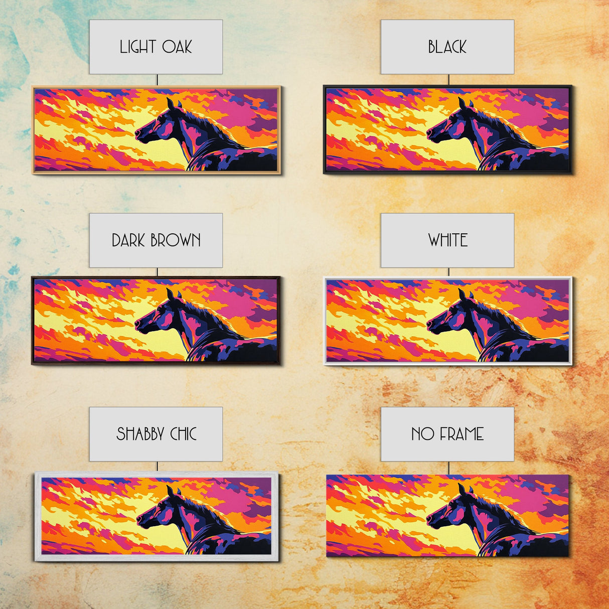 Wild horse, southwest wall art, pink orange wall art, geometric wall art, extra wide art, framed canvas print, panoramic painting, boho art