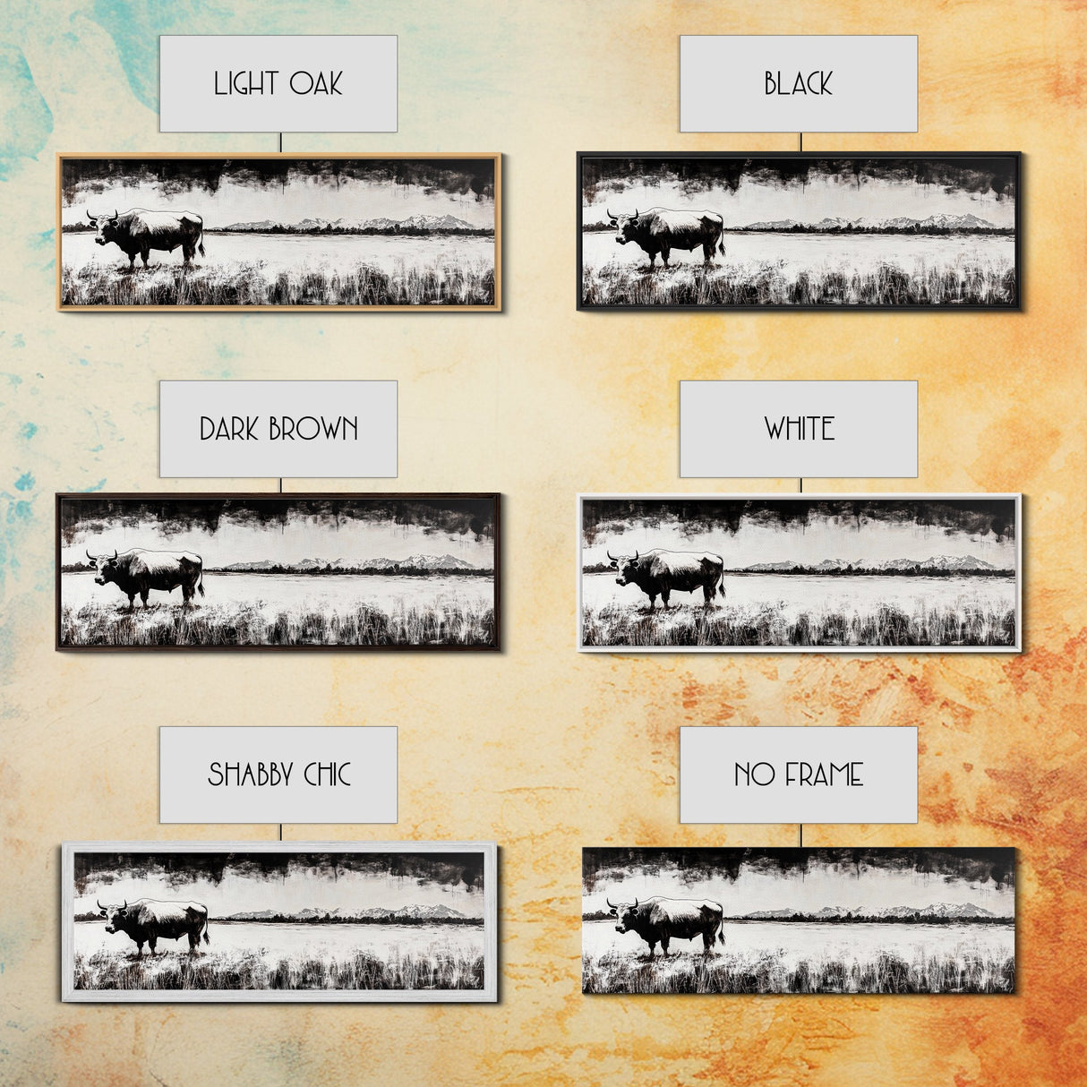 Bull and bear art, black and white painting, rustic wall art, farmhouse decor, extra wide art, framed canvas print, moody art, landscape painting