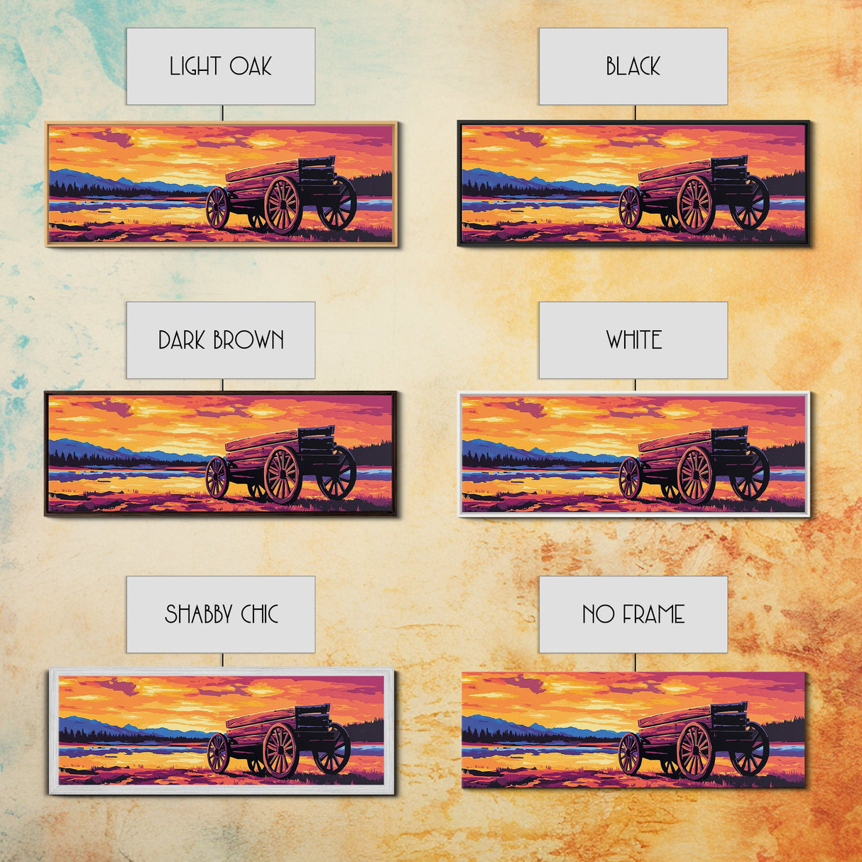 Sunset Wagon Painting, southwest wall art, boho art, Joshua tree art, rustic decor, warm tones, framed canvas print, extra wide art