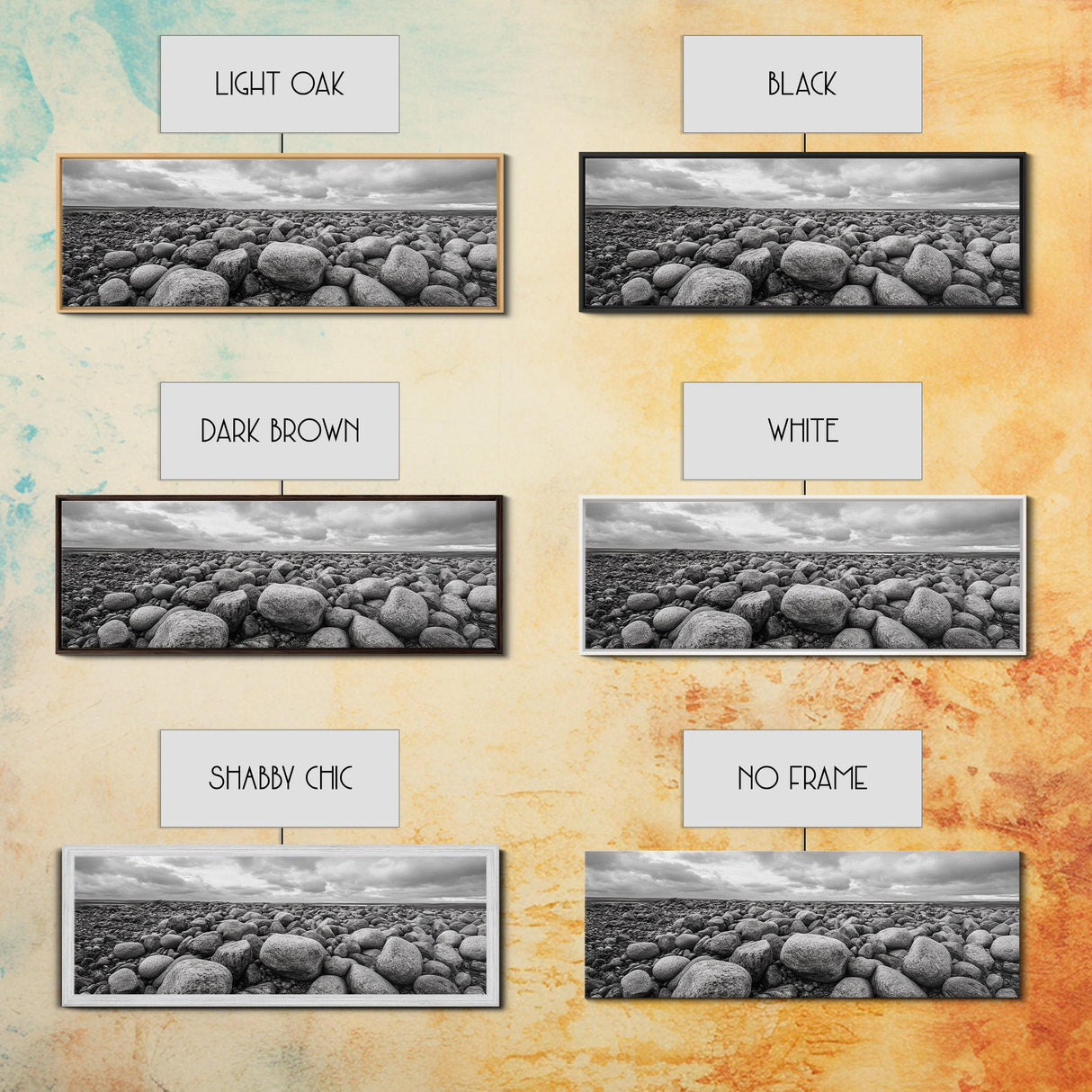 Rocky terrain, minimalist art, wabi sabi art, panoramic art, extra wide art, landscape painting, framed canvas print, moody art, rustic decor