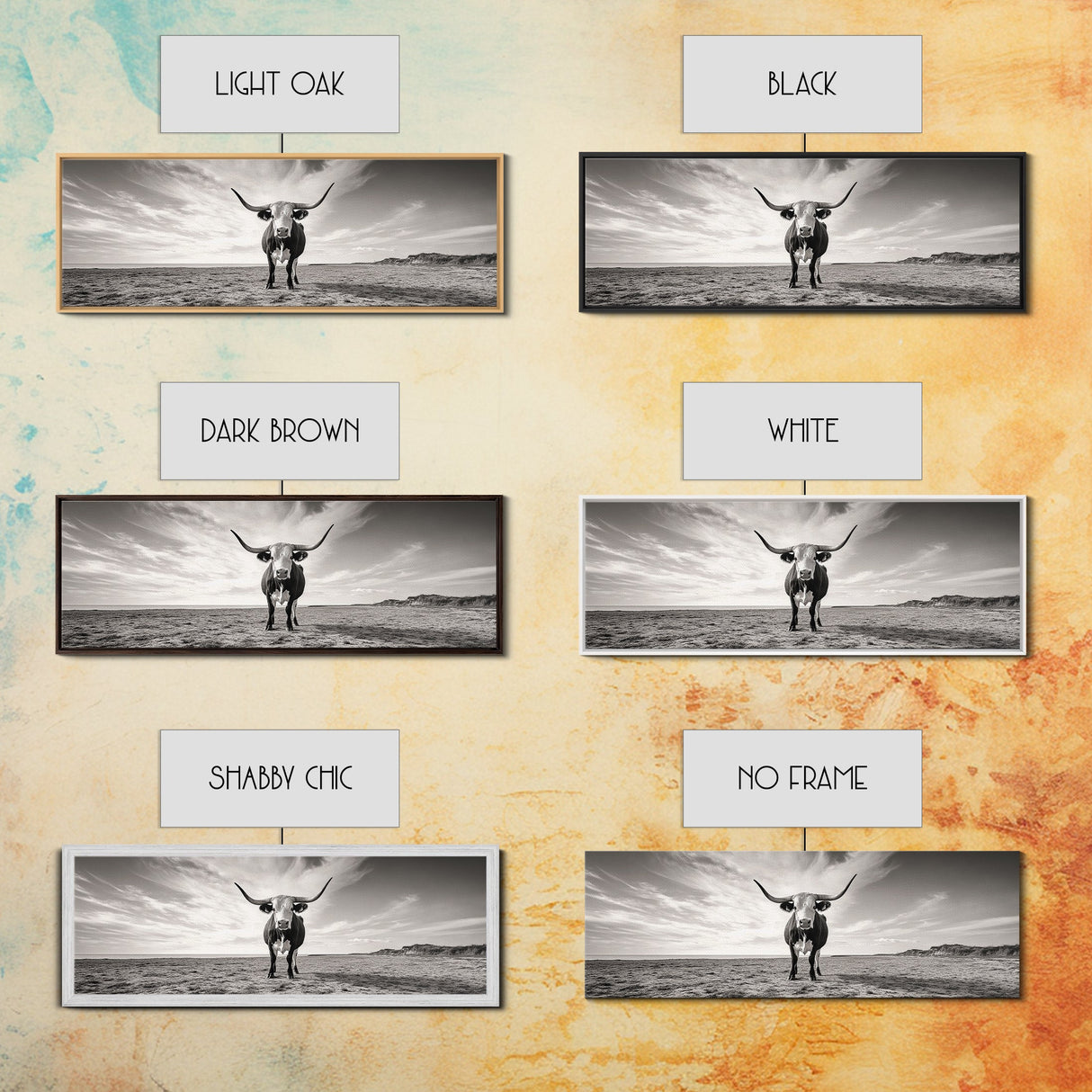 Longhorn, western landscape, bull and bear art, panoramic art, extra wide art, rustic wall art, framed canvas print, farmhouse decor, moody art