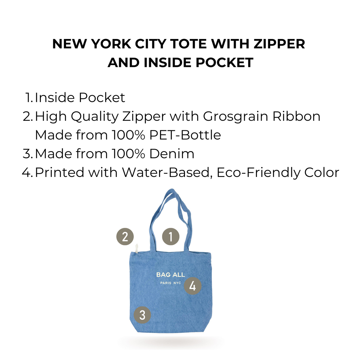 New York City Tote with Zipper and Inside Pocket, Denim