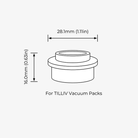 Dimensioned drawing of the TILLIV Nano Pump nozzle for TILLIV vacuum packs: 28.1 mm wide and 16.0 mm tall