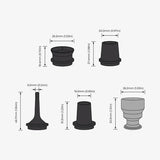 Dimensioned drawing of the five interchangeable Nano Pump nozzles, ranging from a 6 mm needle to a 26.2 mm cup