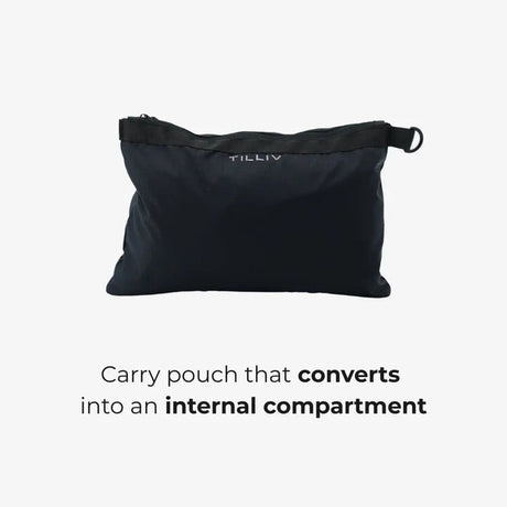 The flat navy TILLIV Pakke carry pouch, captioned: carry pouch that converts into an internal compartment