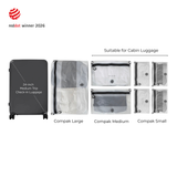 Packing guide showing a 24-inch check-in suitcase beside one Compak Large, two Compak Medium and four Compak Small packs, with the Medium and Small sizes marked suitable for cabin luggage