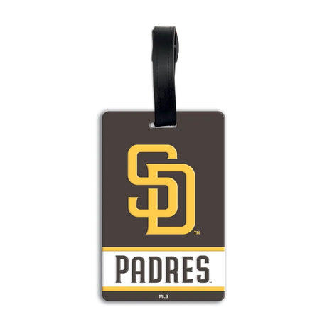 An official San Diego Padres luggage tag featuring the gold 'SD' logo and 'Padres' wordmark on a brown background with a black hanging strap. MLB PVC Luggage Bag Tag