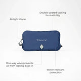 Labelled diagram of the TILLIV Stak: airtight zipper, double-layered coating for durability, a one-way valve that prevents air leaking back in, and water-resistant protection