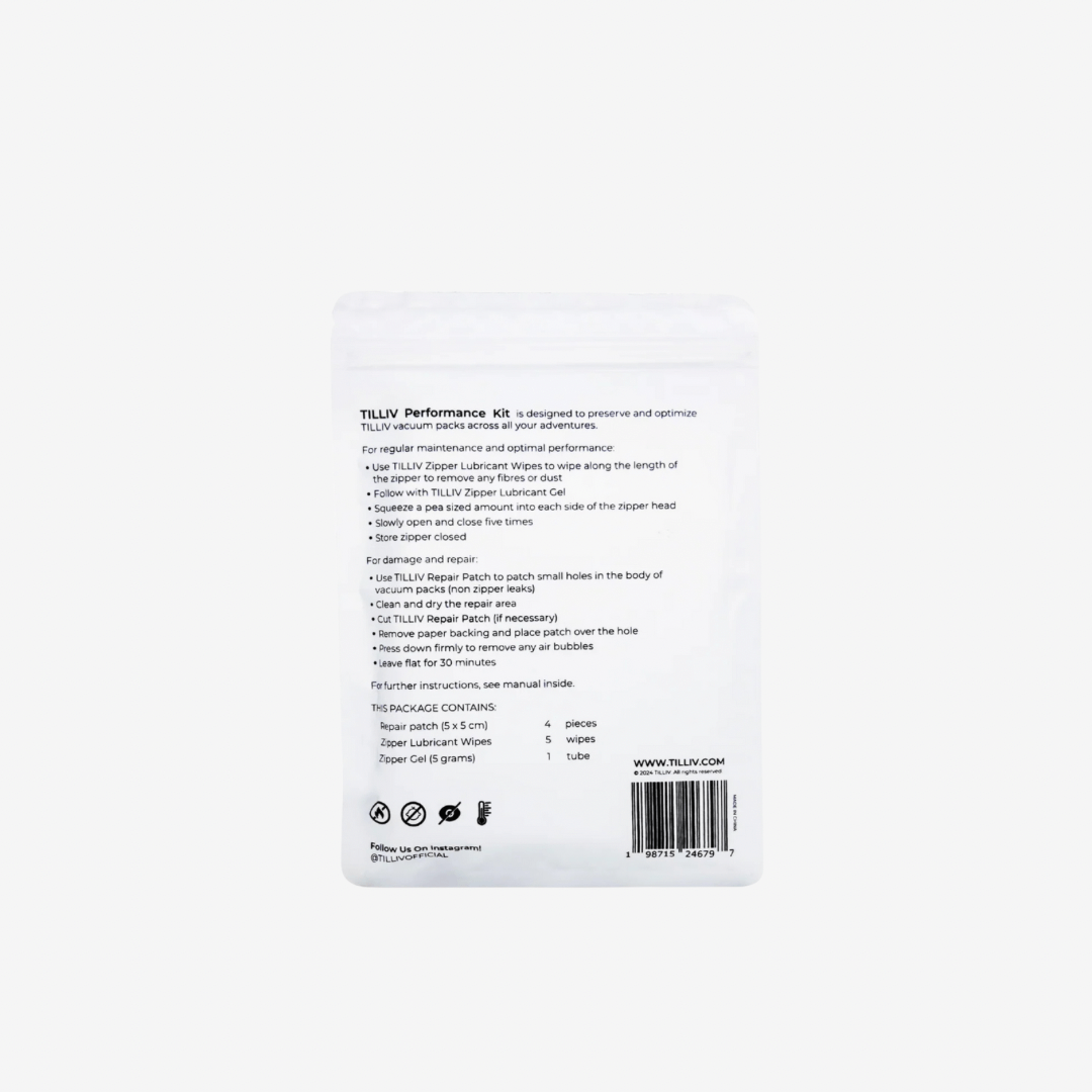 Back of the TILLIV Performance Kit pouch, listing the contents and the maintenance and repair steps
