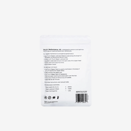 Back of the TILLIV Performance Kit pouch, listing the contents and the maintenance and repair steps