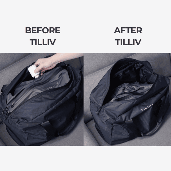 Before and after comparison: a TILLIV Pakke duffel with the Kamper pack uncompressed, then the same duffel with the air drawn out and space to spare