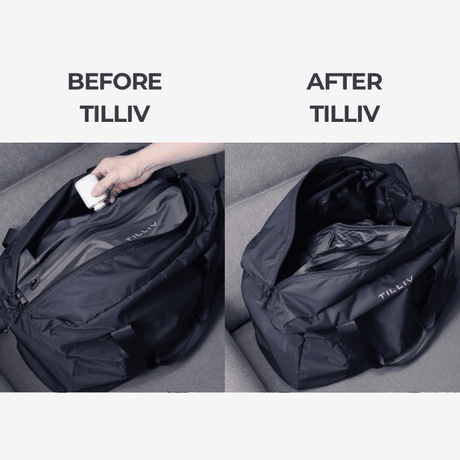 Before and after comparison: a TILLIV Pakke duffel with the Kamper pack uncompressed, then the same duffel with the air drawn out and space to spare