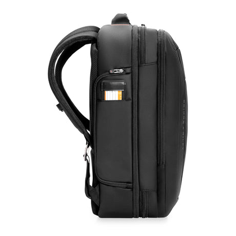 Briggs & Riley ZDX Large Convertible Backpack/Duffle in Black - Side View with Leather Luggage Tag