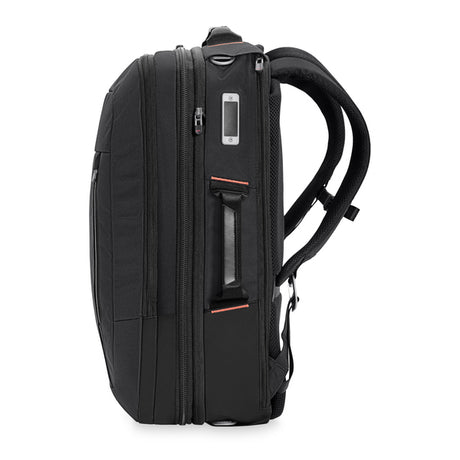 Briggs & Riley ZDX Large Convertible Backpack/Duffle in Black - Side View, SmartLink Strap and Handle Detail