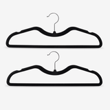 Two black velvet Travel hangers with silver metal hooks, Short neck to fit in Garment bags better